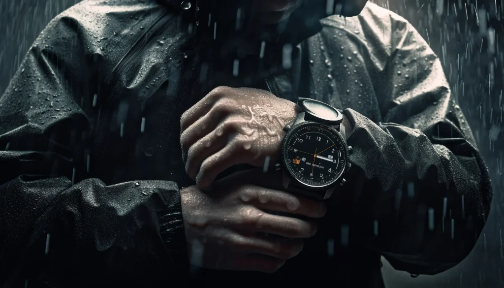 man in the rain with atm waterproof watch min ATM در ساعت های مچی چیست و چگونه میزان مقاومت در برابر آب را تعیین میکند؟ ATM در ساعت های مچی چیست و چگونه میزان مقاومت در برابر آب را تعیین میکند؟